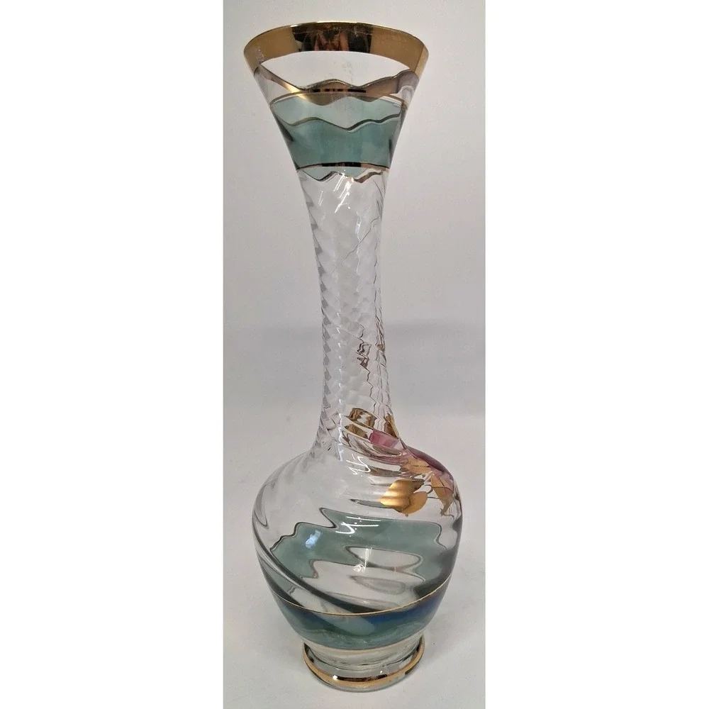 Vintage Bohemian Glass Vase with Enamel Rose Decoration and Gold Accents